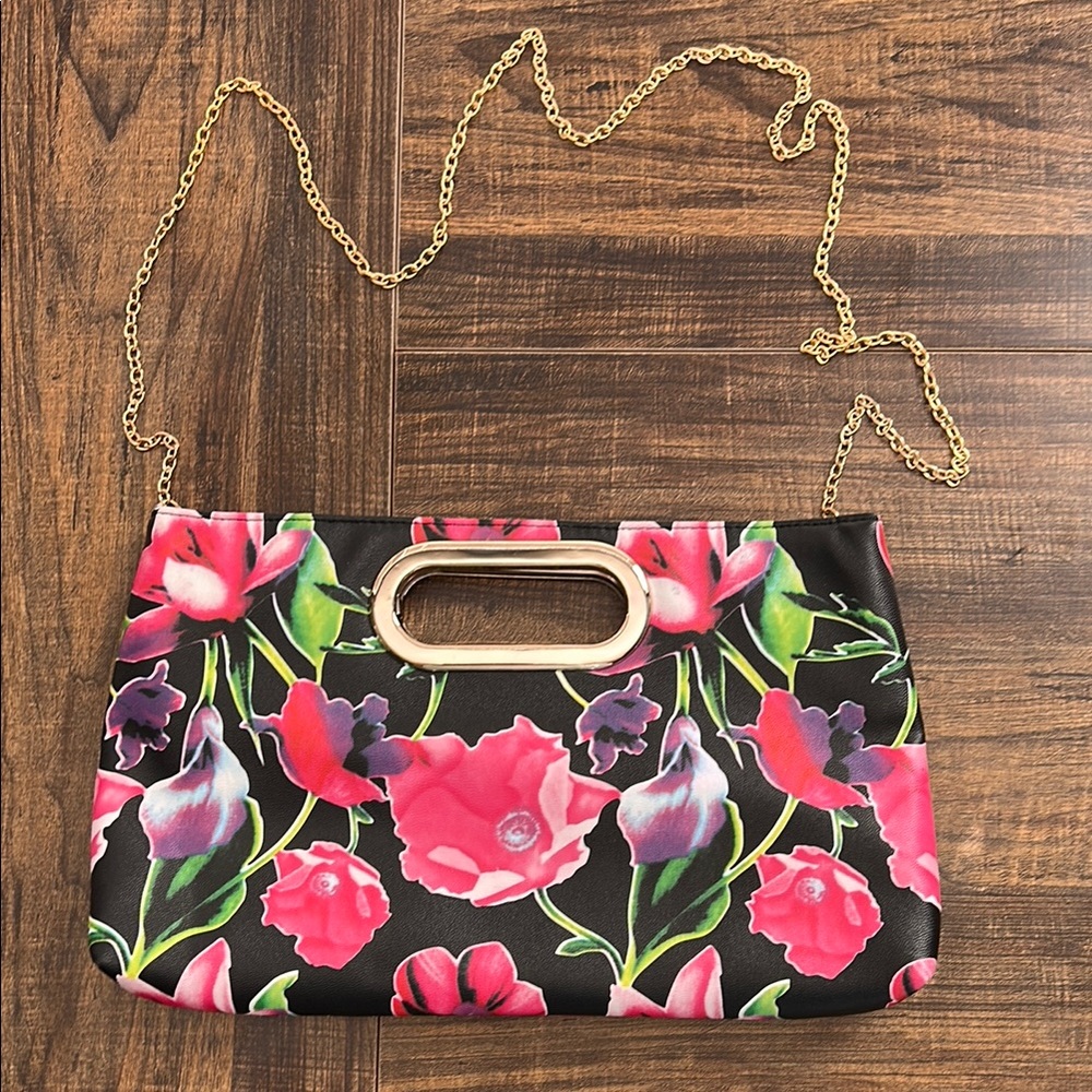 Floral Black and Pink Women's Clutch Purse With Gold Crossbody Chain